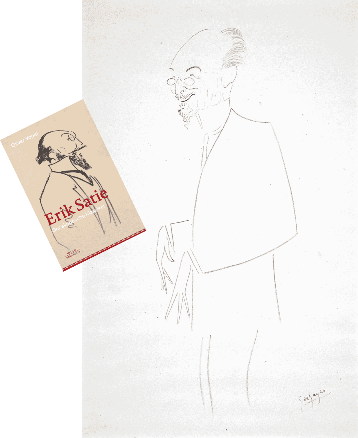 Erik Satie Portrait von Georges de Zayas, verschmitzter Gesichtsausdruck, gespreizte Finger